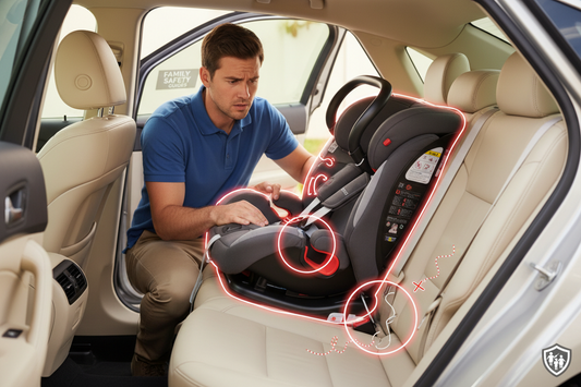 Hombre revisando la instalación de una silla de auto en el asiento trasero, con los puntos de anclaje y ajuste destacados para verificar que estén correctamente asegurados